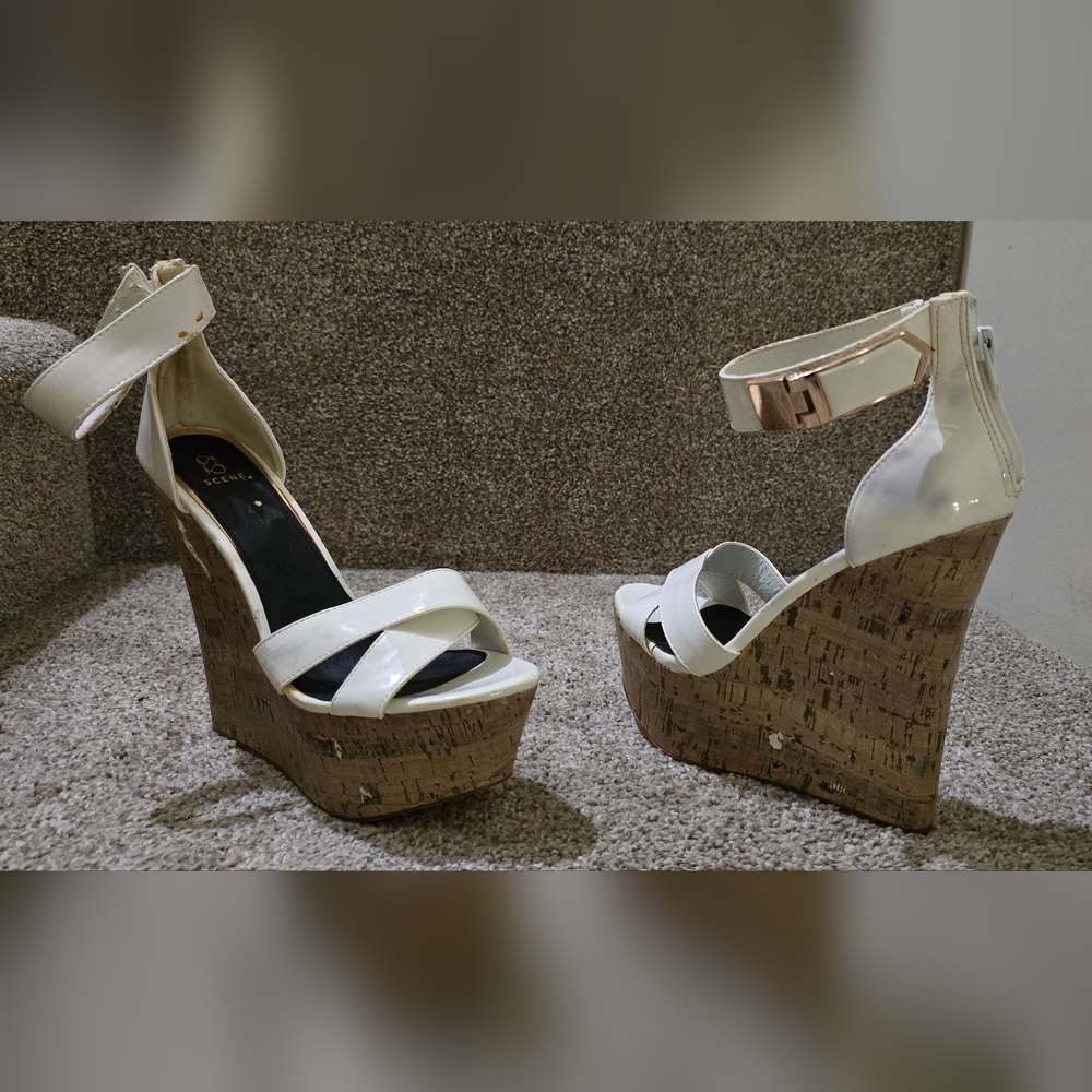 Scene Rayleen Chic White Cork Wedge Heels